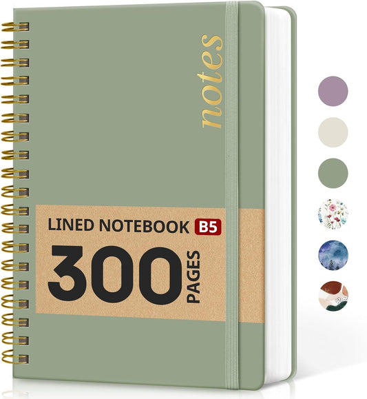 Lined Spiral Notebook Journal for Work, 300 Pages Thick B5 (7.1"x10") College Ruled Journal for Women & Writing, Hardcover Notebook for Note Taking, Perfect for Office Home School Supplies, Green