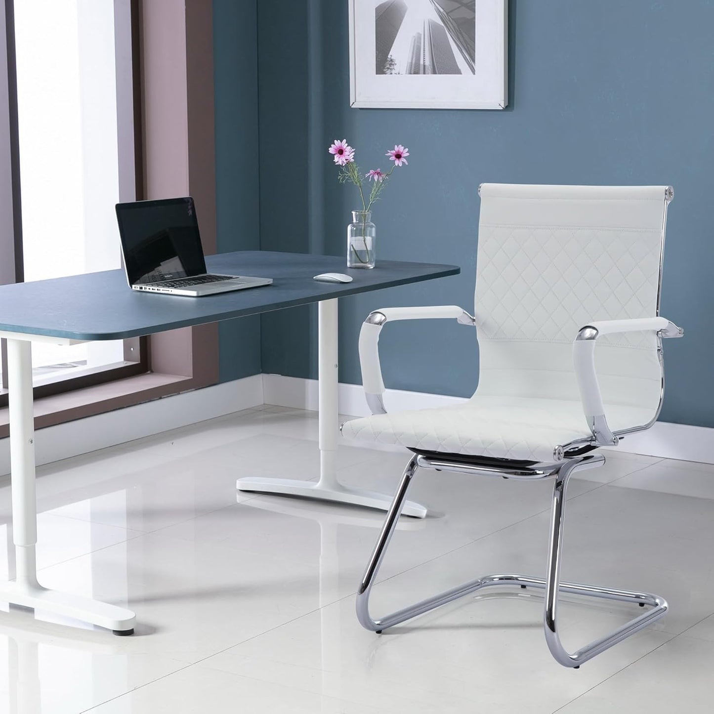 Office Guest Chairs Reception Chairs Waiting Room Chairs Set of 2 Conference Room Chair with Mid Back, Modern PU Leather Desk Chair, White
