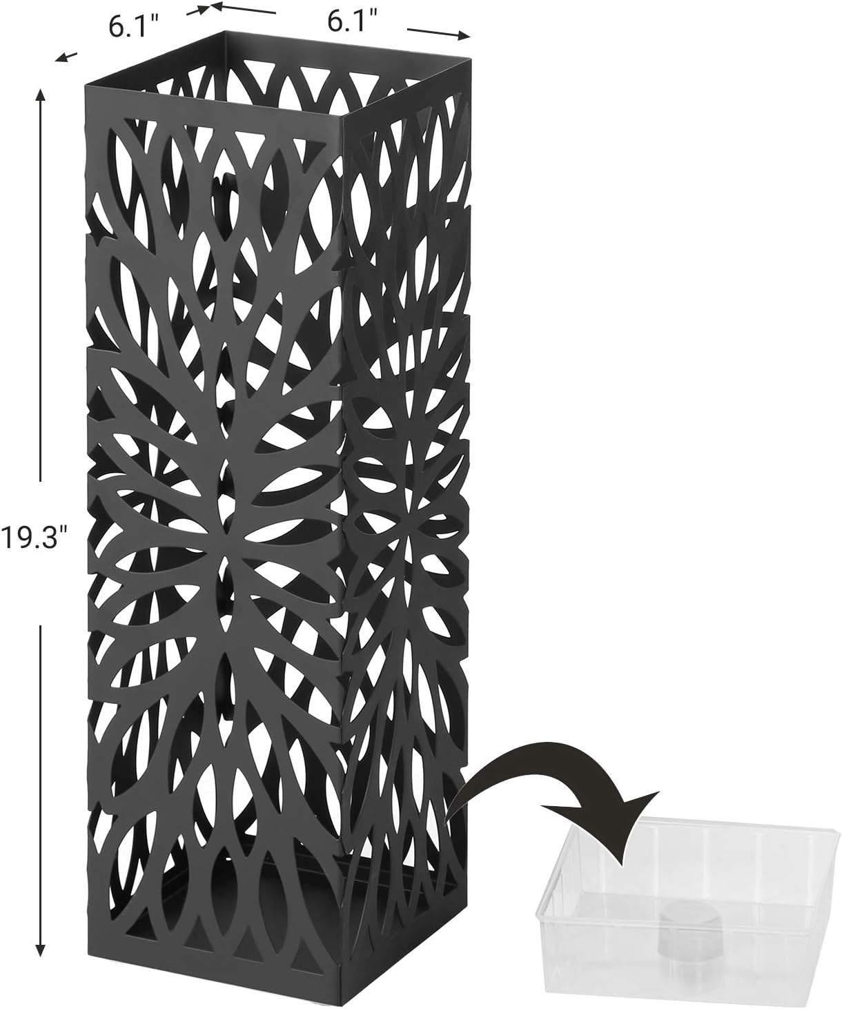 SONGMICS Umbrella Stand, Umbrella Holder for Entryway, Steel Square Umbrella Rack Organizer Freestanding, for Canes Walking Sticks, with a Detachable Drip Tray, 4 Hooks, Black ULUC48B