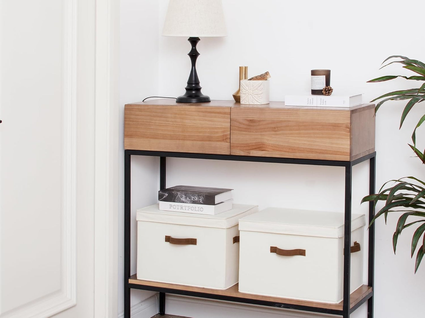 StorageWorks Fabric Storage Bins with Lid, Decorative Storage Boxes for Shelves, Stackable Closet Organizer Basket with Handles, Large, Ivory White, 2-Pack