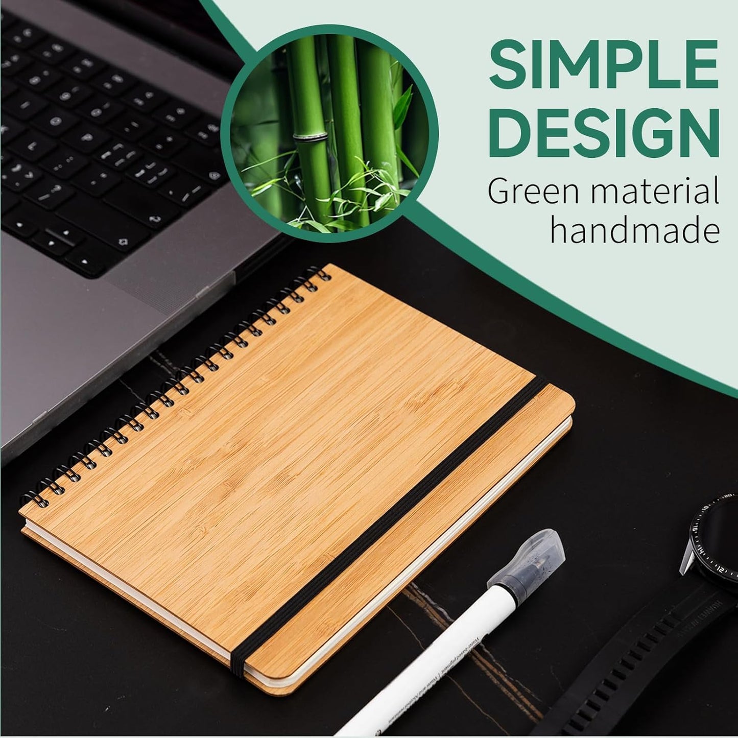 4 Set Lined Bamboo Journal Notebook,80 Pages,5.3”*7.2”,Hardcover Executive Notebooks,Daily Journal Notebook for Work,Travel,School,Note Taking,College (4)