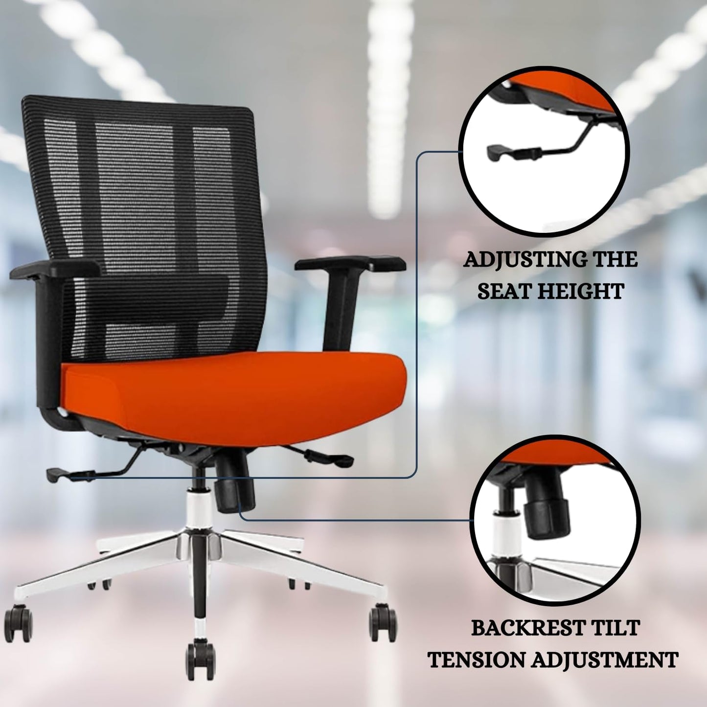 Ergonomic Office Chair - Breathable Mesh Back with Adjustable Lumbar Support, 3D Armrests, Tilt Function, and 360° Swivel Wheels - Perfect for Home Office or Conference Room - Stylish Tangerine Design