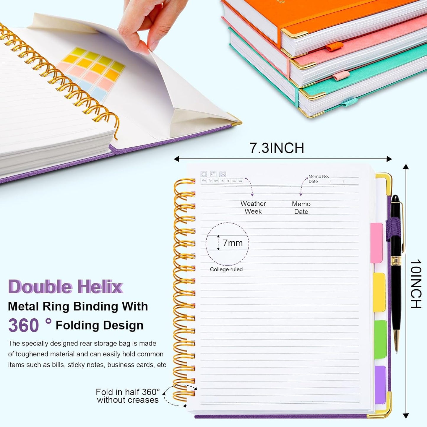 Hardcover Spiral Notebook 8"x10" Journal Notebook with Tabs and Removable Dividers 300 Pages 5 Subject Notebook College Ruled, Faux Leather Spiral Bound Notebook for Women, Students, School Work (Purple)
