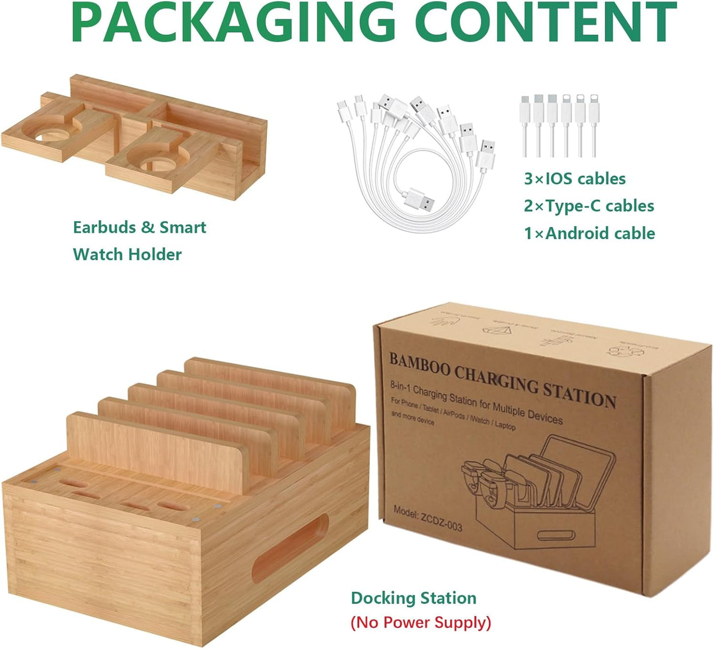 Bamboo Charging Stations for Multi Devices, Wood Desktop Docking Station Charger Organizer for Cell Phones, Tablets, Earphones, Watch (Includes 6 Charging Cables) (No Power Supply)