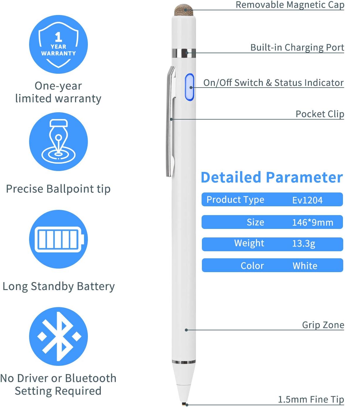 Active Stylus Digital Pen with Ultra Fine Tip Stylus for iPad iPhone Samsung Tablets, Compatible with Apple Pen,Stylus Pen for iPad Pro, White