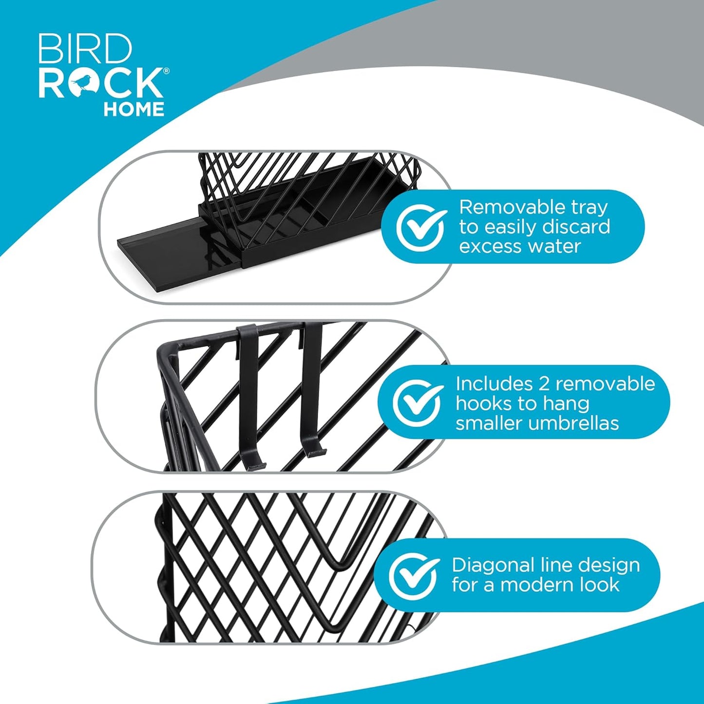 BIRDROCK HOME Decorative Umbrella Stand with Removable Water Tray - Large Metal Umbrella Rack and Cane Walking Stick Organizer for Entryway - Umbrella Holder for Indoor & Outdoor - Black, Diagonal