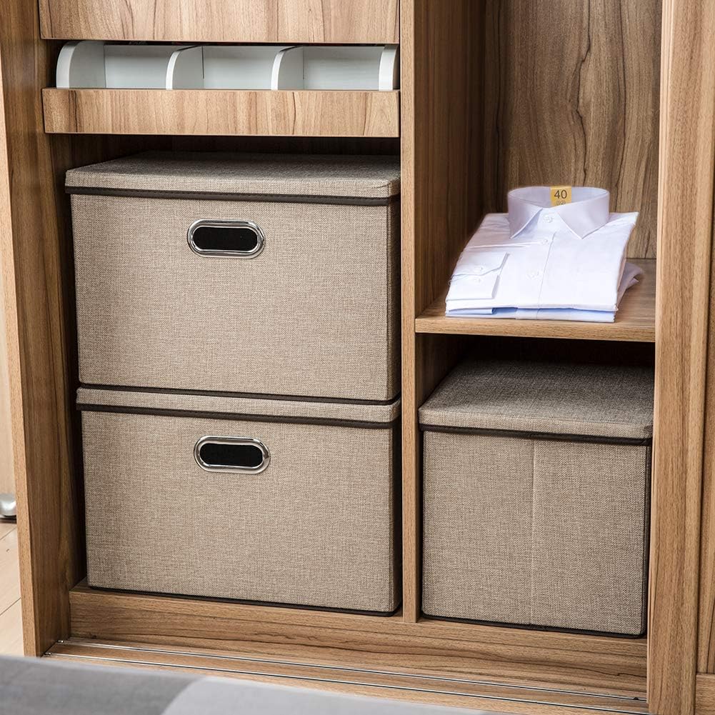 PRANDOM Large Collapsible Storage Bins with Lids [3-Pack] Jute Fabric Foldable Storage Boxes Organizer Containers Baskets Cube with Cover for Home Bedroom Closet Office Nursery (17.7x11.8x11.8)