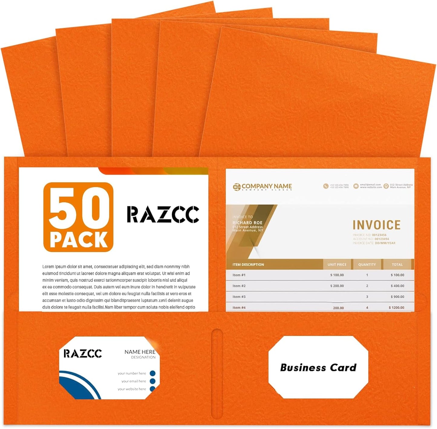 Two Pocket Folders, RAZCC 50 Pack 2 Pocket Folders Fit Letter Size Paper, Paper Folders with Pockets for School Office Business Home, Orange