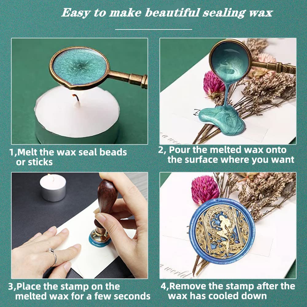 Animal Wax Seal Stamp Set with 7 Removable Brass Heads and 1 Wooden Handle - Dragon, Mermaid, Peacock, Cat Designs for Wedding Invitation Envelopes