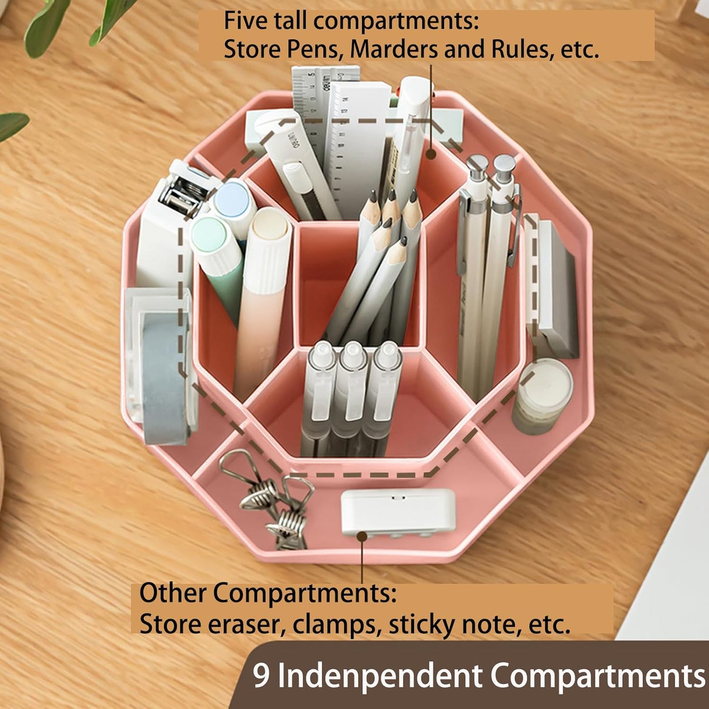 Pencil Pen Holder for Desk, 9 Slots 360 Degree Rotating Desk Organizer, Cute Pen Organizers Stationery Supplies for Office Home & Art Supply (Pink)