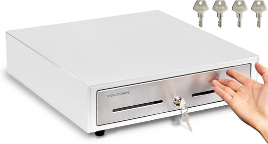 Volcora 16" Manual Push Open Cash Register Drawer for Point of Sale (POS) System - White and Stainless Steel Front Touch Panel - Durable with Removable Tray, 5 Bills and 8 Coin Slots, Key Lock