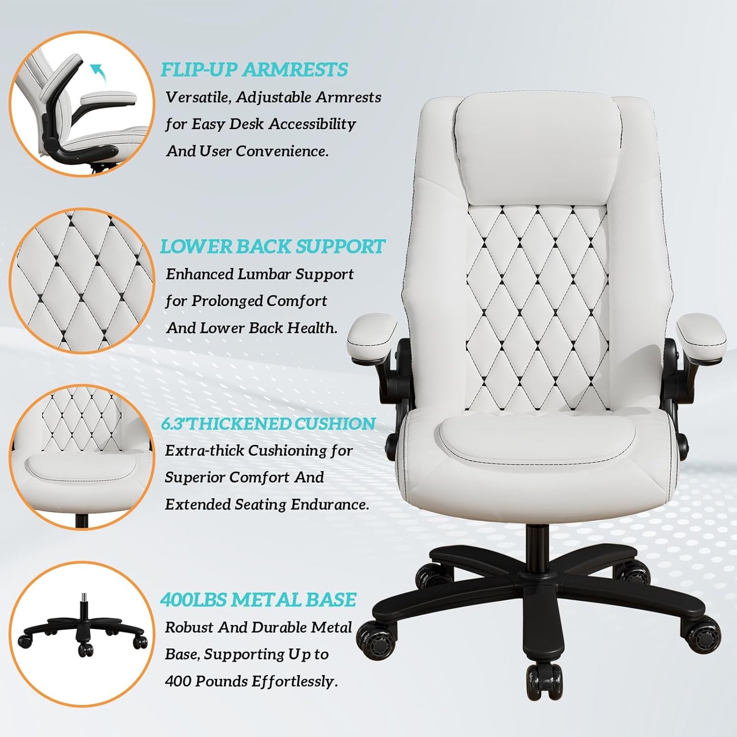 GYI O205P High Back Executive Office Chair, Big and Tall Office Chair 400LBS with Rubber Wheels,Ergonomic Adjustable Computer Desk Chairs with Padded Flip-up Armrests,Lumbar Support (White)