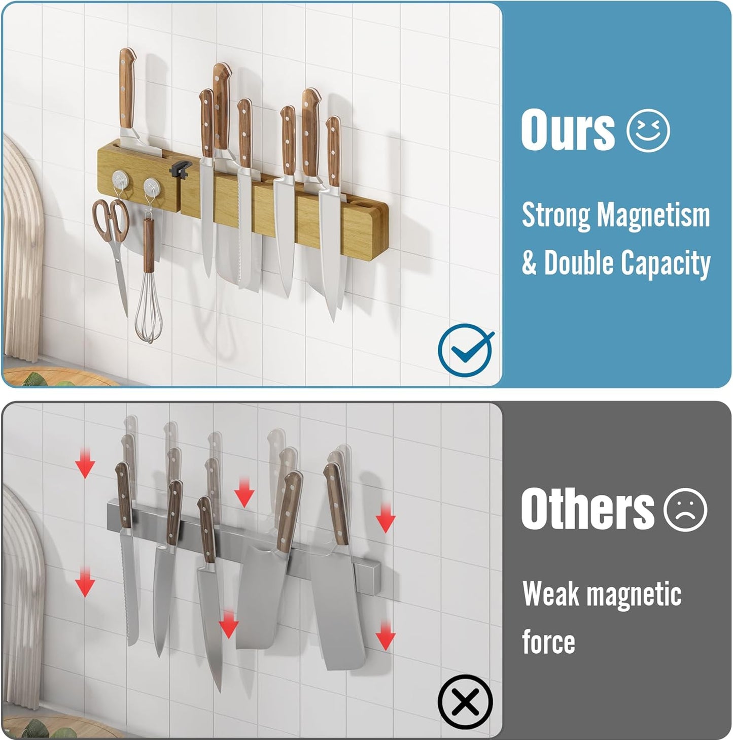 Magnetic Knife Holder for Wall, Acacia Wood Knife Magnetic Strip No Drill Knife Magnet Storage Bar Magnetic Tool Key Holder Strip for Kitchen Utensil Organizer (Light Brown, 16 Inch Large)