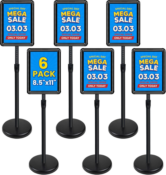 6 Pack Sign Stand for Display - Adjustable 8.5x11 Inch Floor Standing Sign Holder, Pedestal Poster Stand for Vertical&Horizontal View, Indoor&Outdoor Use for Business, Mall, Restaurant - Black