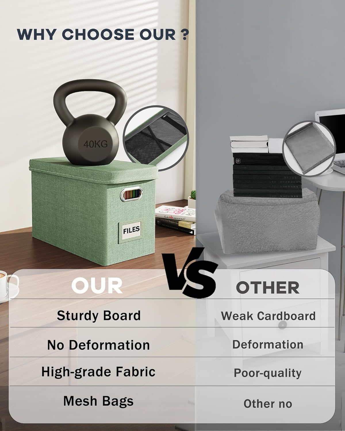 Oterri File Organizer Box with Lid, Hanging Filing File Box with Mesh Pocket, Document Organizer Box for Letter Files, Portable Storage Box(1 PCS, Green)