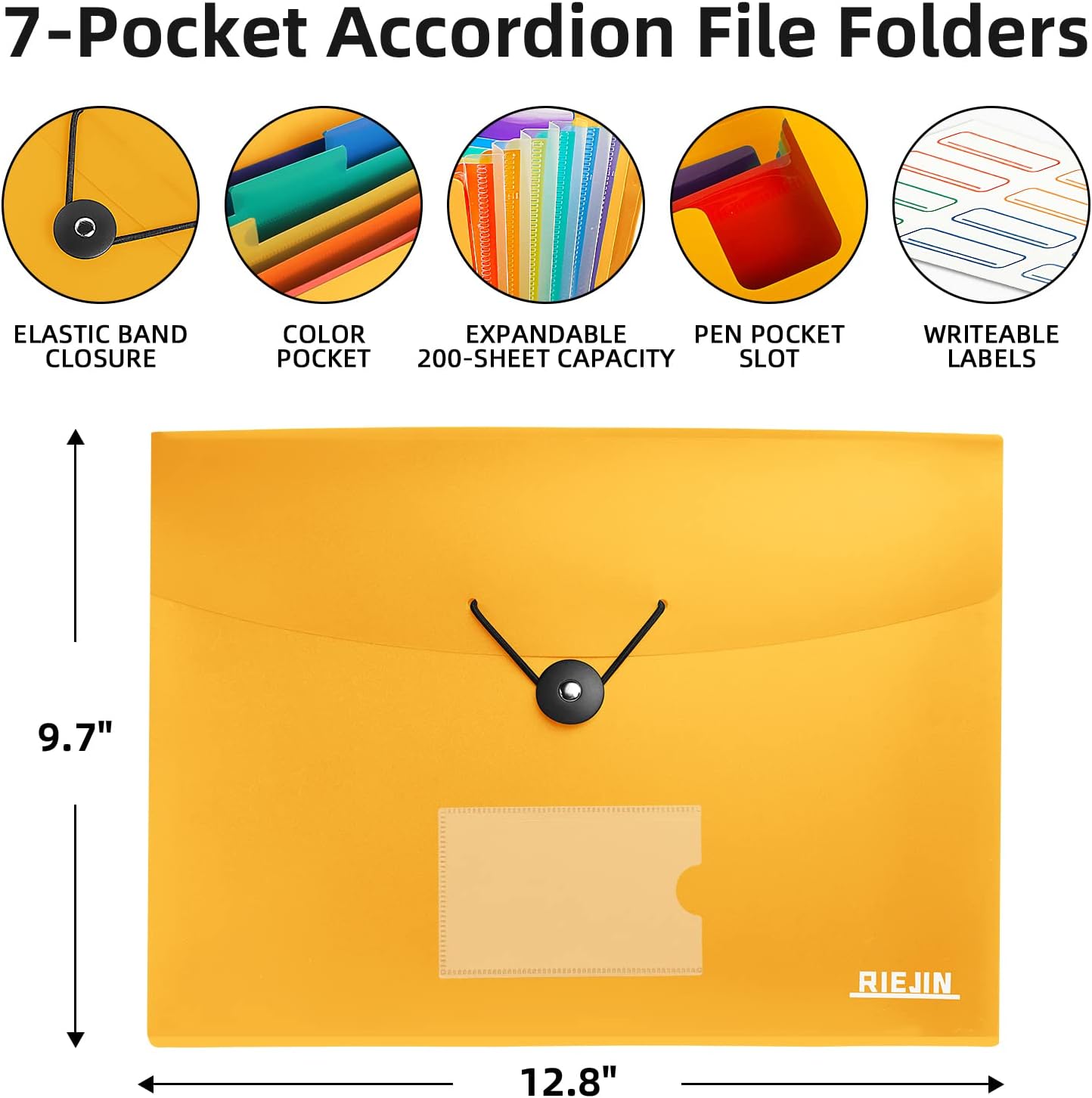 Accordian File Organizer 7 Pocket Expanding File Folder with Labels, Plastic Expandable File Folder for Documents Letter Size A4 Papers - Orange