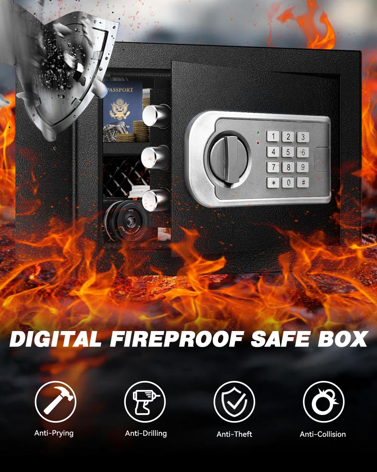 Small Safe Box for Home - 1.0 CuFt Mountable Cabinet with Motion Light & Dual Alarm, Digital Keypad & Override Key, Removable Shelf - Compact Black Safe for Cash, Jewelry, and Documents