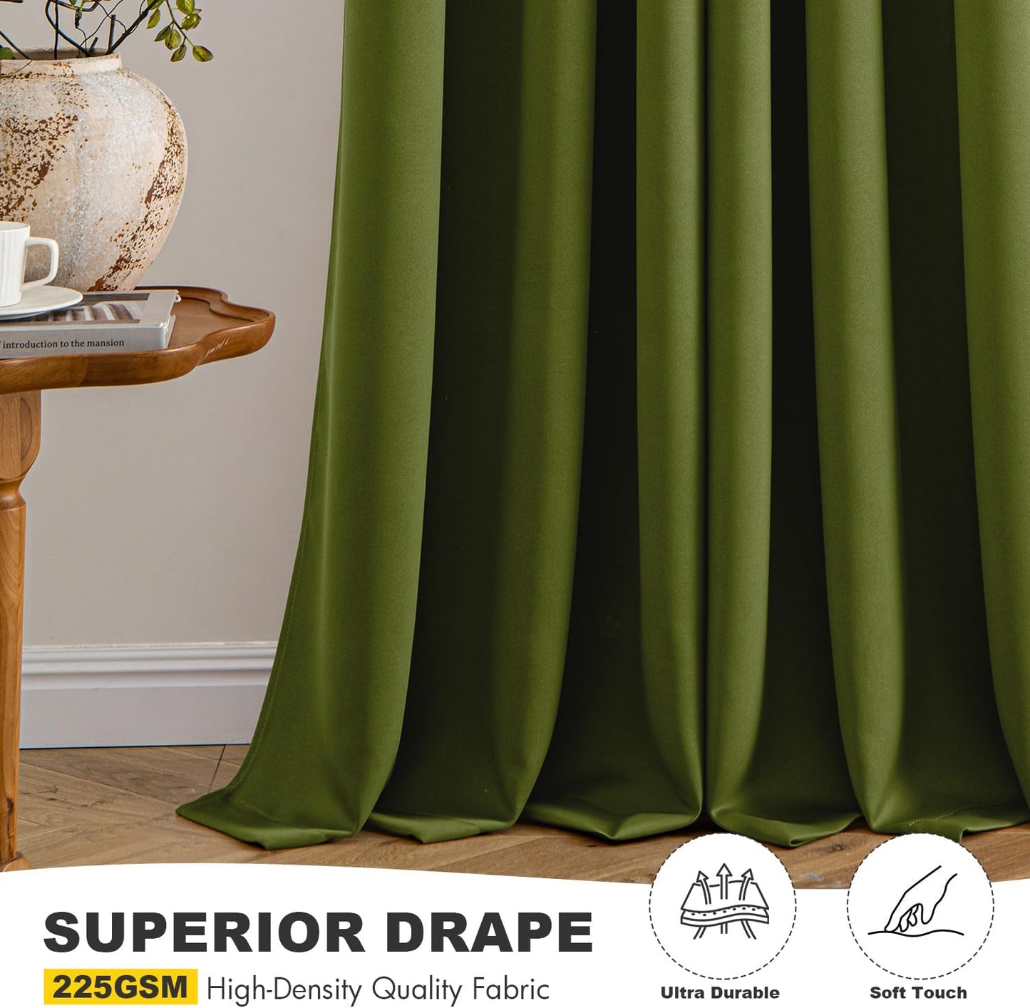 MIULEE Light Olive Green Blackout Curtains for Bedroom Living Room 63 Inches Long 2 panels, Thermal Insulated Room Darkening Drapes Grommet Top Noise Reducing Light Blocking Window Curtains 40x63 Inch