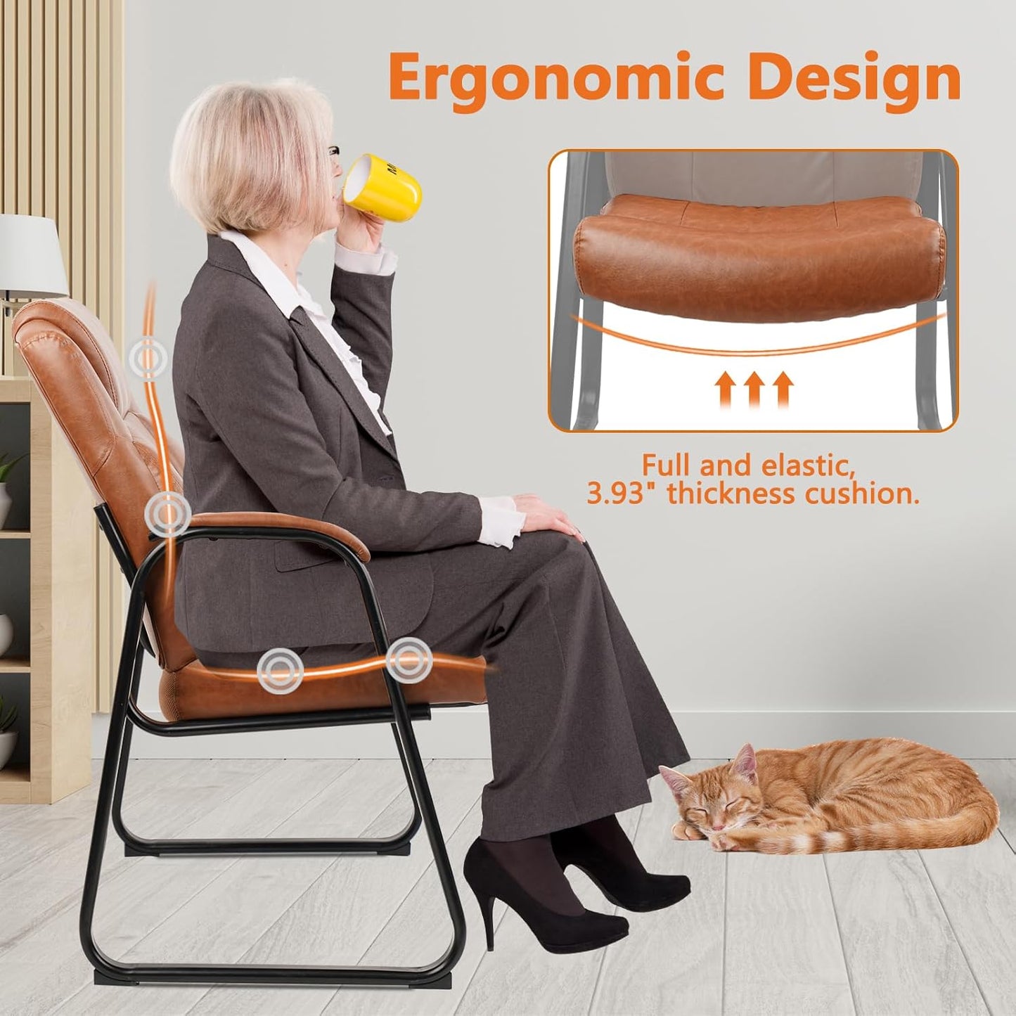 CLATINA Big & Tall 500 lb. Guest Chair, PU Leather Office Reception Chairs with Sled Base, Desk Chair No Wheels for Waiting Room Conference Lobby Computer Living Room, Brown, 4 Pack