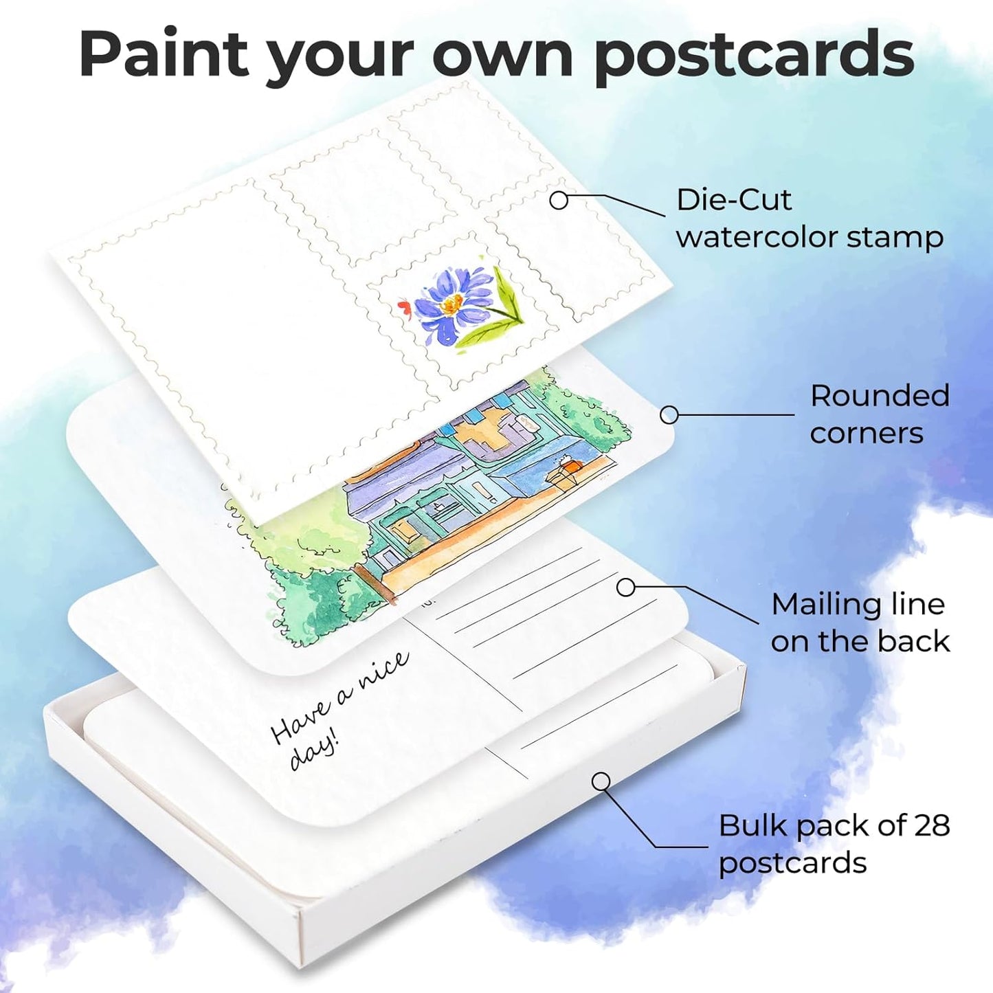 Funto Blank Watercolor Paper Postcards, 100% Cotton, 28 Cards+2 Watercolor Stamps, 4x6, 140lb/300gsm, Acid-Free Heavyweight for Thanks