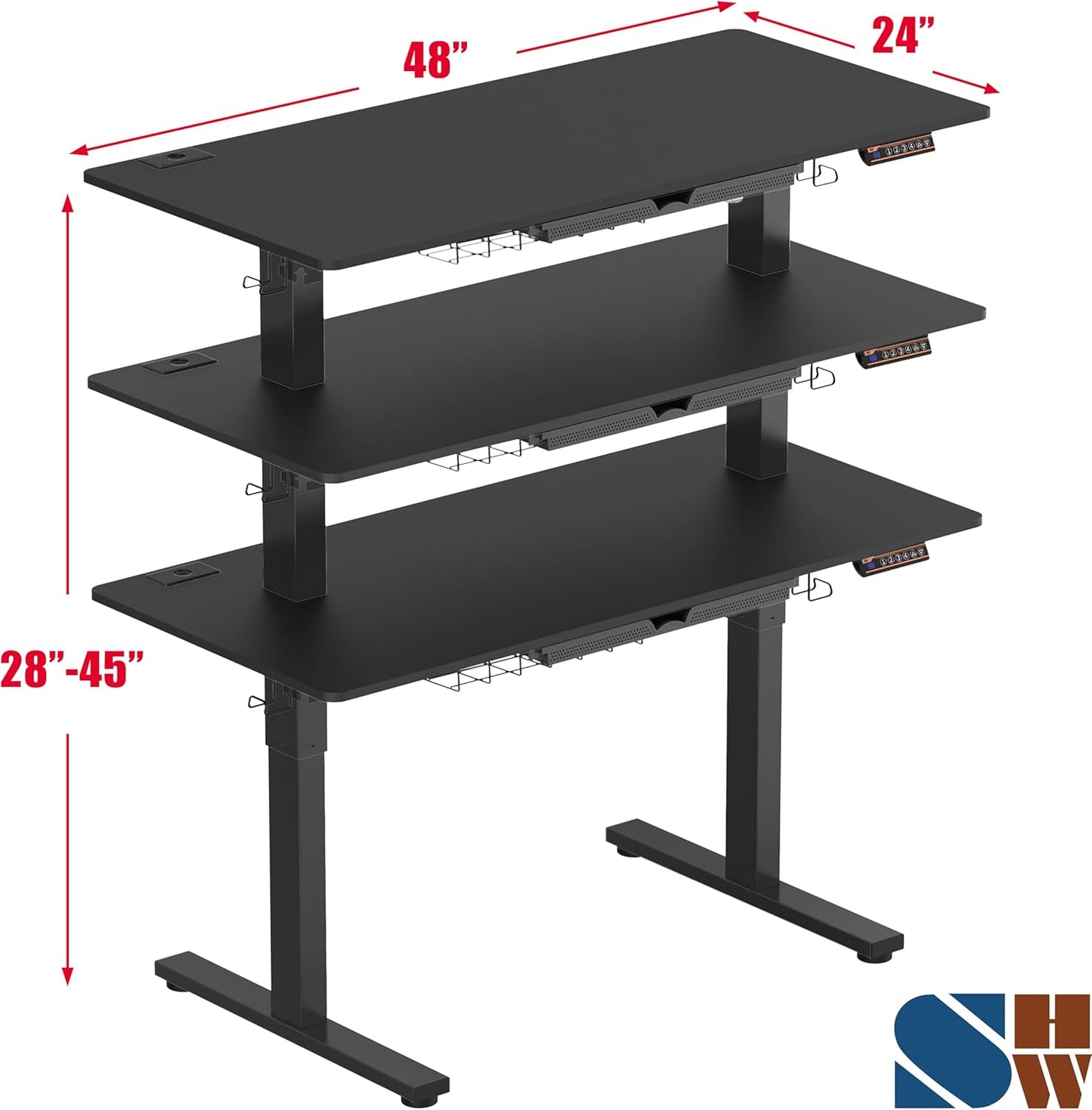 SHW 48-Inch Electric Height Adjustable Standing Desk with Drawer, Memory Preset and Cable Management Tray, Black