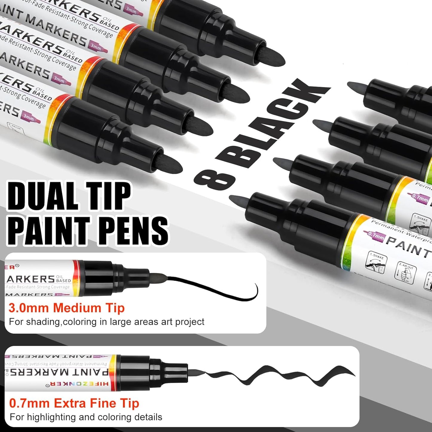 Black Paint Pen Black Paint Marker - 2 Pack Dual Tip Oil Based Black Permanent Markers,Extra Fine Tip & Medium Fine Tip(0.7mm & 3mm),Quick Drying, Waterproof, Marker Pen for Fabric (2 Black)