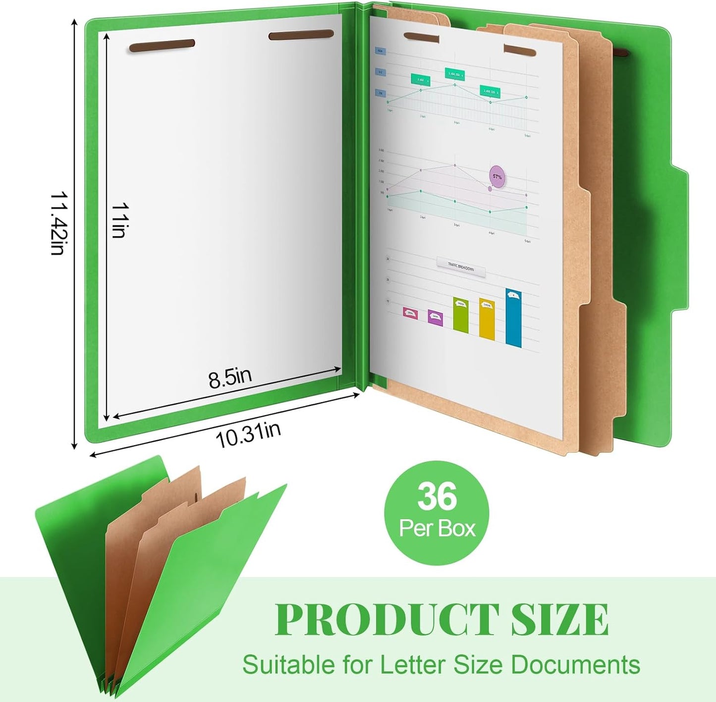 36 Pcs Classification Folders Letter Size, 2 Divider Pressboard File Folders with 3. 5 Inch Expansion, 2 Prongs Fastener, Heavy Duty Office File Organizers for Teachers, Medical (Green)