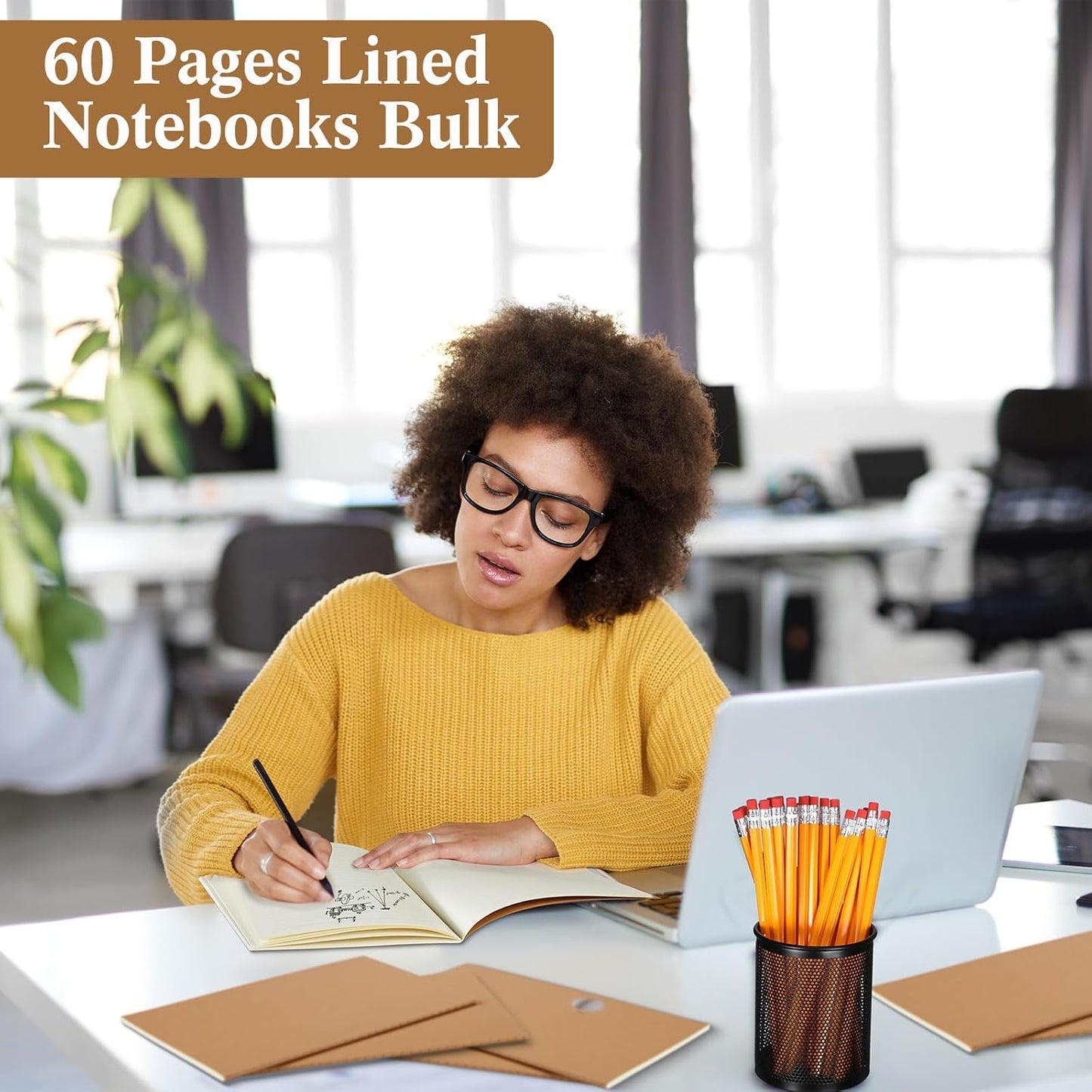 Jetec 100 Pcs Kraft Notebook Journals and Pencil 5.5 Inch x 8.3 Inch A5 Softcover Notebooks Bulk for Writing Sketch Office Notepad with 60 Pages 30 Sheets