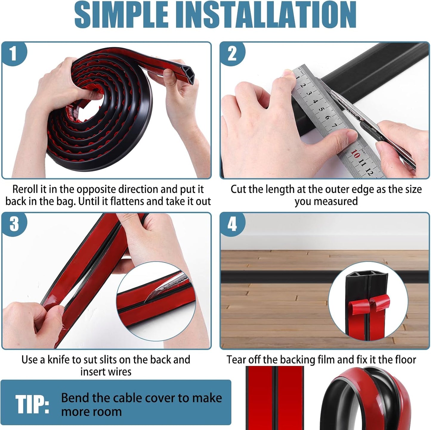 Floor Cord Covers for Wires 12FT Cable Hider Wire Cover Self Adhesive Cord Hider Floor for Offices, Homes, Workshops, Warehouses Cable Cavity 0.39" W x 0.27" H