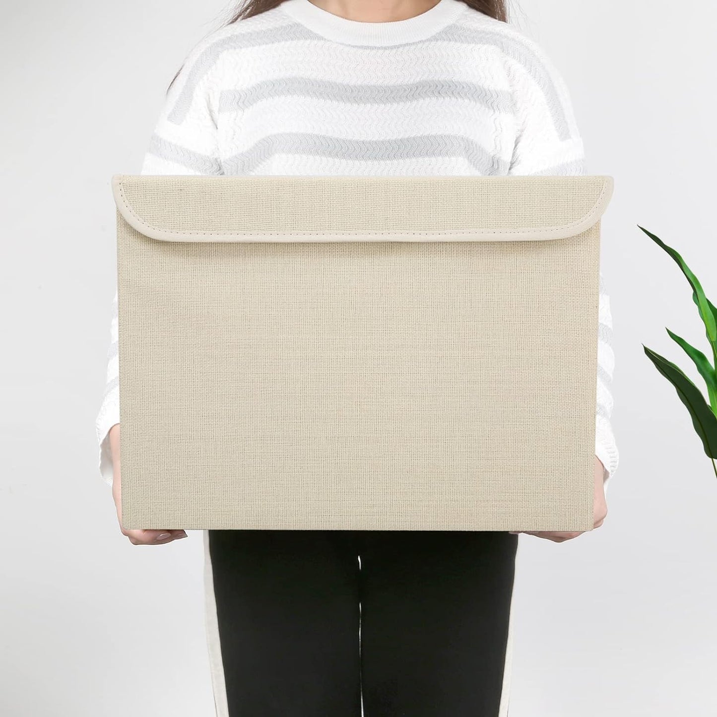 Large 42 Quarts Collapsible Stackable Storage Bins Cube with Lids [3-Pack] Foldable Fabric Linen Storage Boxes, Closet Organizer Baskets with Label for Home (16.7 x 12 x 12", Beige)