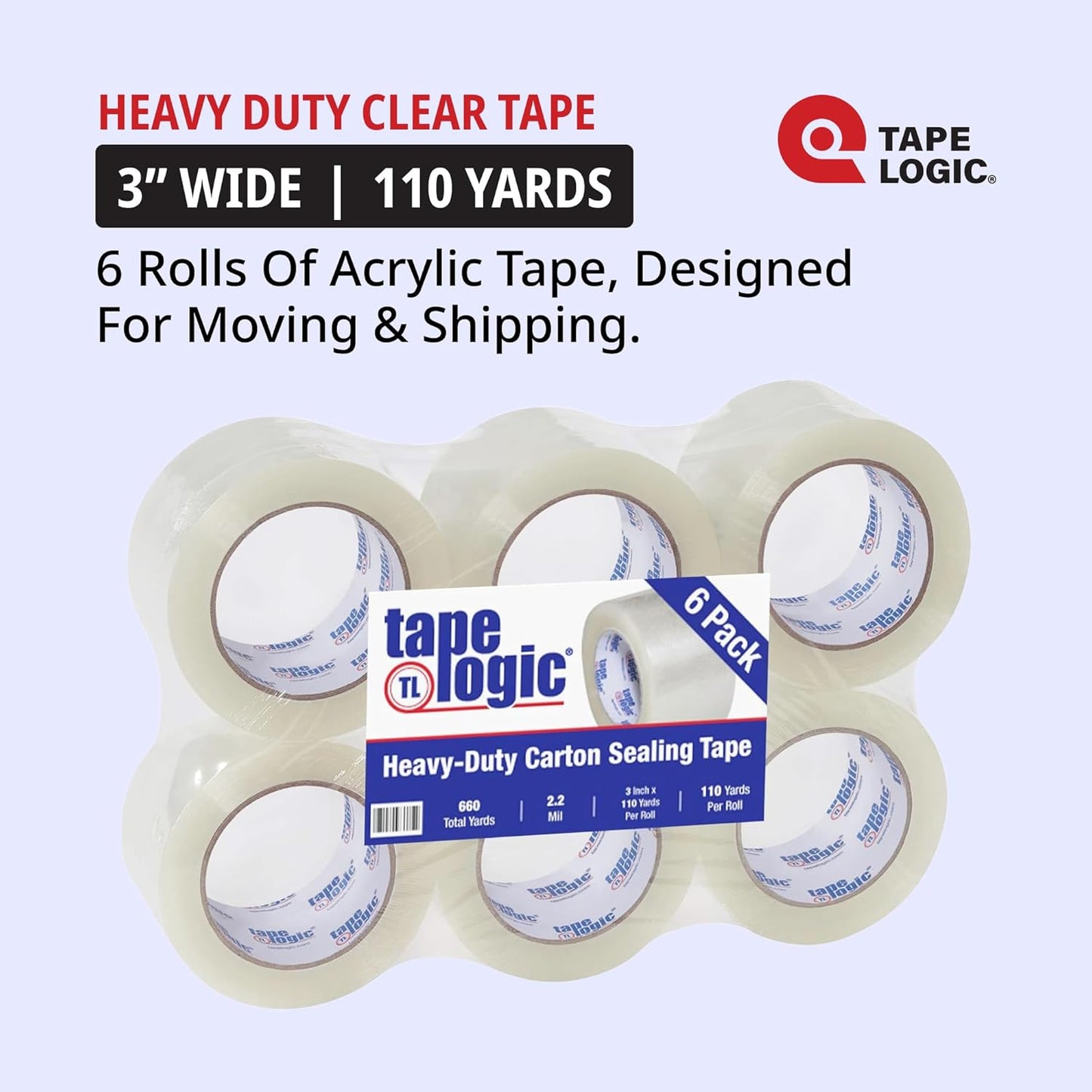 Tape Logic 3" x 110 yds Acrylic Packing Tape 2.2 Mil, Clear (6-Pack) Heavy Duty Packing Tape Rolls for Sealing Boxes at Home, Warehouse, & Office, Supplies for Packaging, Shipping, Moving