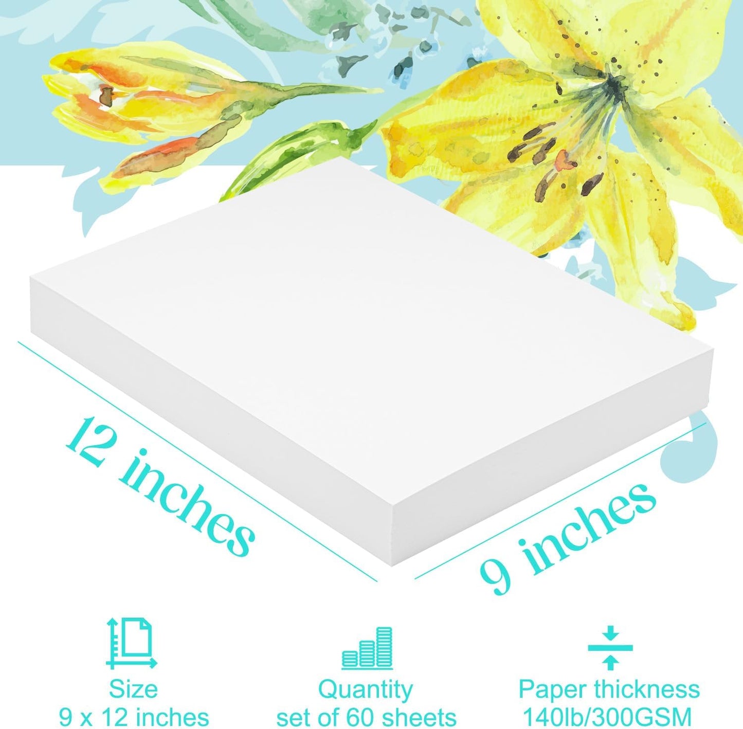 Mixed Media Paper 60 Sheets, 9 X 12 Inches 140 LB/300 GSM Heavyweight Cotton Paper Smooth/Medium Rough Texture Art Paper for Watercolor, Gouache, Marker, Painting, Drawing, Sketching