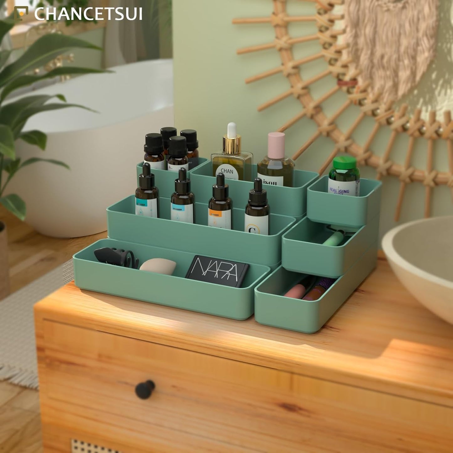 CHANCETSUI 9 Pcs Stackable Drawer Organizer Trays Set, Green, Multifunctional Storage for Vanity, Bathroom, Kitchen, Desk Drawer Organizer Office, PET Plastic