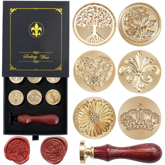 Wax Seal Stamp Gift Box Set, 6 Pcs Sealing Wax Stamps Copper Seals 1 Wooden Hilt, Wax Stamp Kit for Cards Envelopes, Gift Packaging (Nostalgic Classic Series)