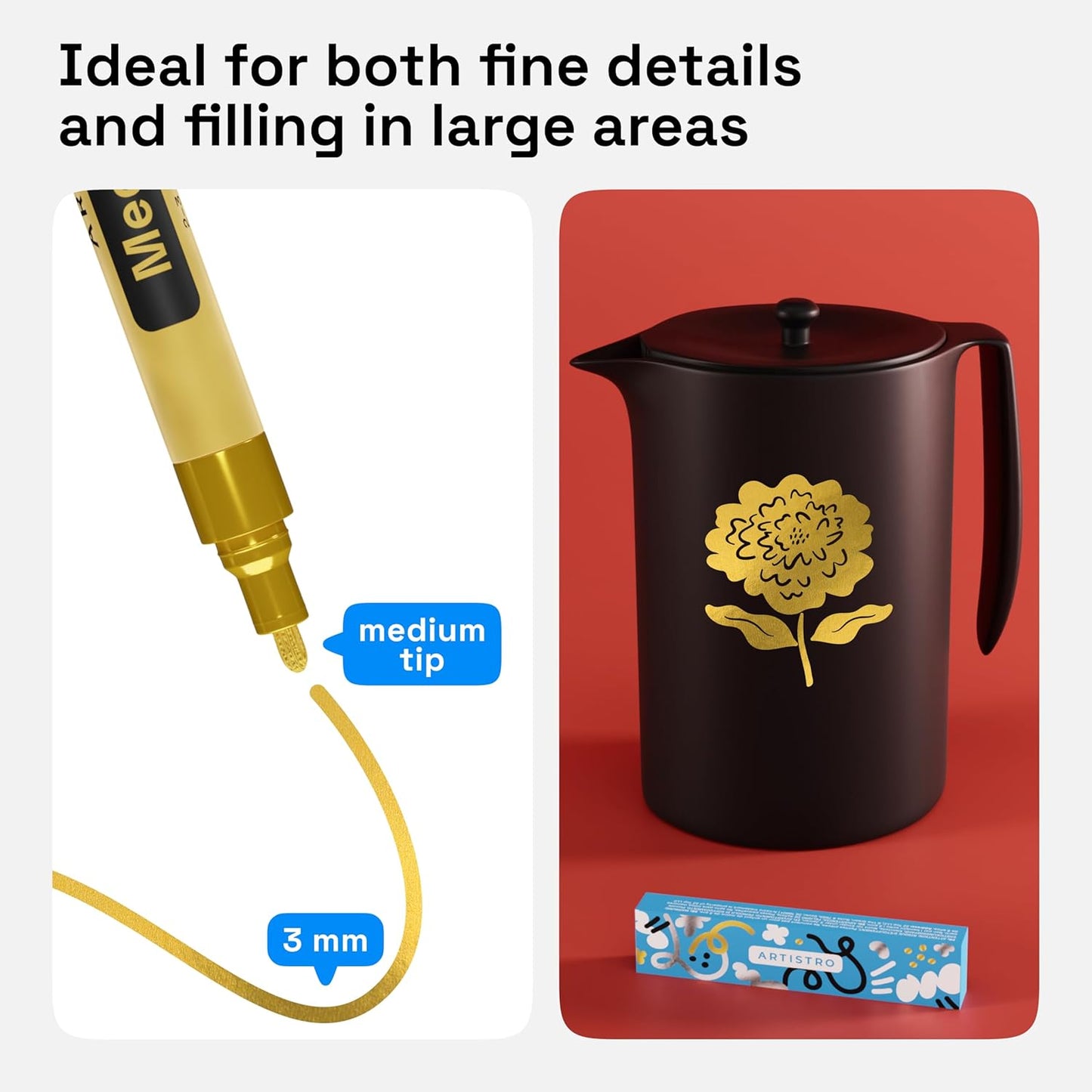 ARTISTRO 2 Gold Acrylic Paint Markers - 3mm Medium-Tip Paint Pens - Perfect for Crafting, Art Projects, & More