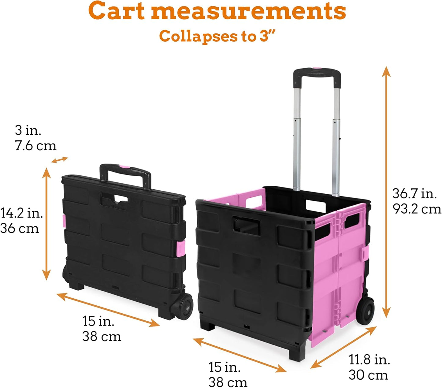 Inspired Living Ultra-Slim Rolling Collapsible Storage Pack-N-Roll Utility-carts, with Telescopic Handle, for Home, Garden, Shopping, Office, School use, Medium, Pink & Black