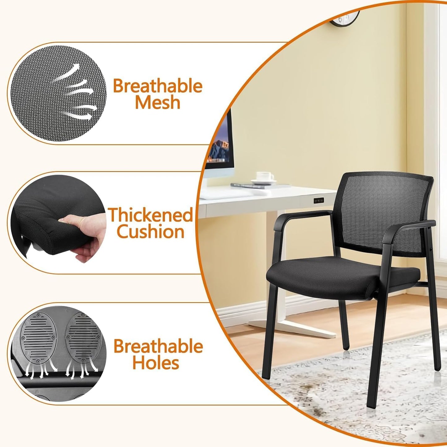 CLATINA Mesh Back Stacking Arm Chairs with Upholstered Fabric Seat and Ergonomic Lumbar Support for Office School Church Guest Reception Black 8 Pack Set New Version