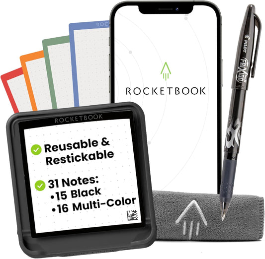 Rocketbook Reusable Sticky Notes with Storage Case, Pen, and Towel Included, 3"x3", 31 Sheets - Dotted Paper, App-Connected, Erasable, Reusable Adhesive, Ideal for to Do Lists and Reminders