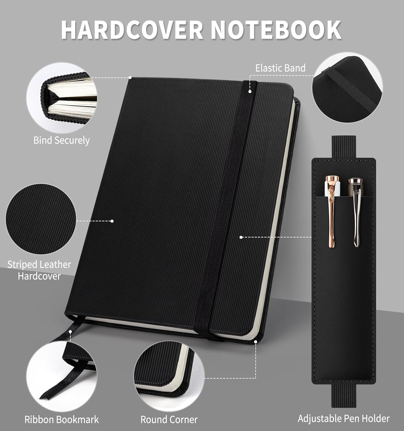 Lined Journal Notebook for Work, A5 Leather Notebook with Pen Holder, 100GSM/160 Pages Thick Paper, Daily Journals for Writing, School, Note Taking, Business, Travel, College Ruled