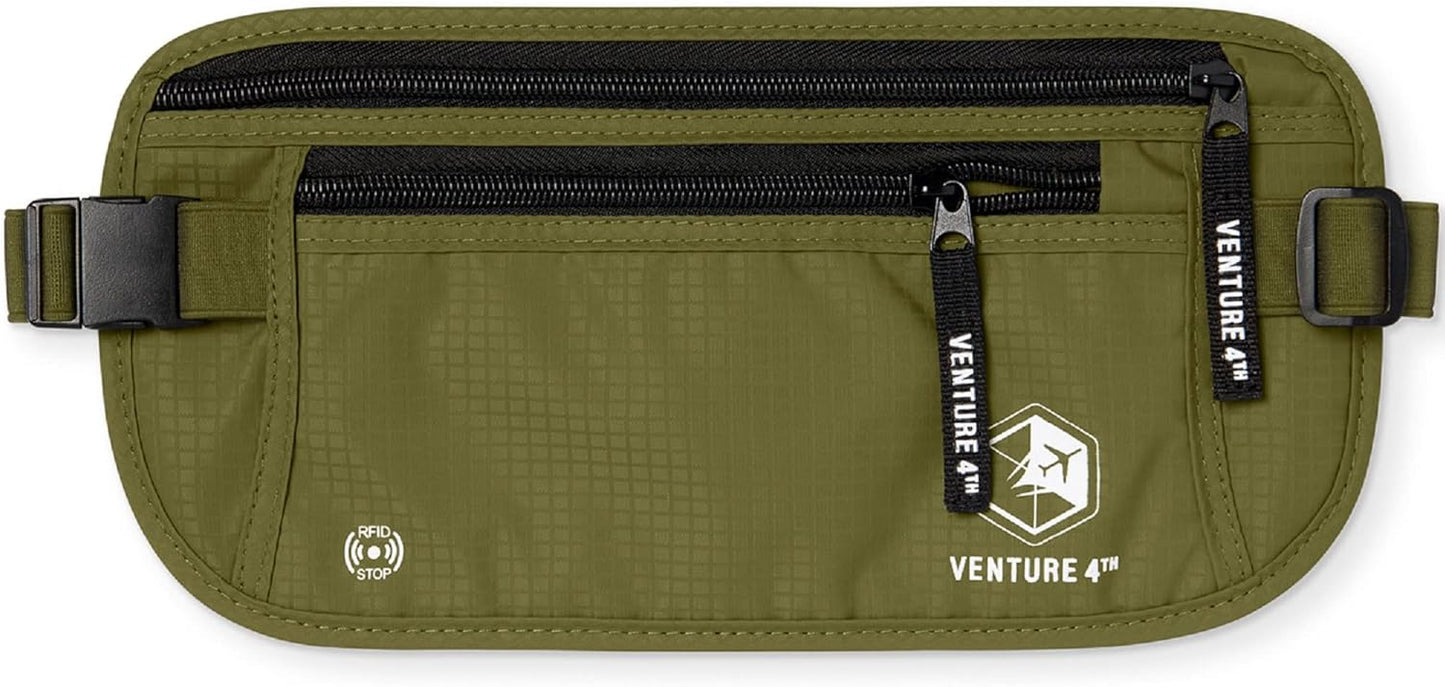 VENTURE 4TH Travel Money Belt - Slim Passport Holder RFID Blocking Travel Pouch to Protect Cash, Credit Cards and Travel Documents (Green)