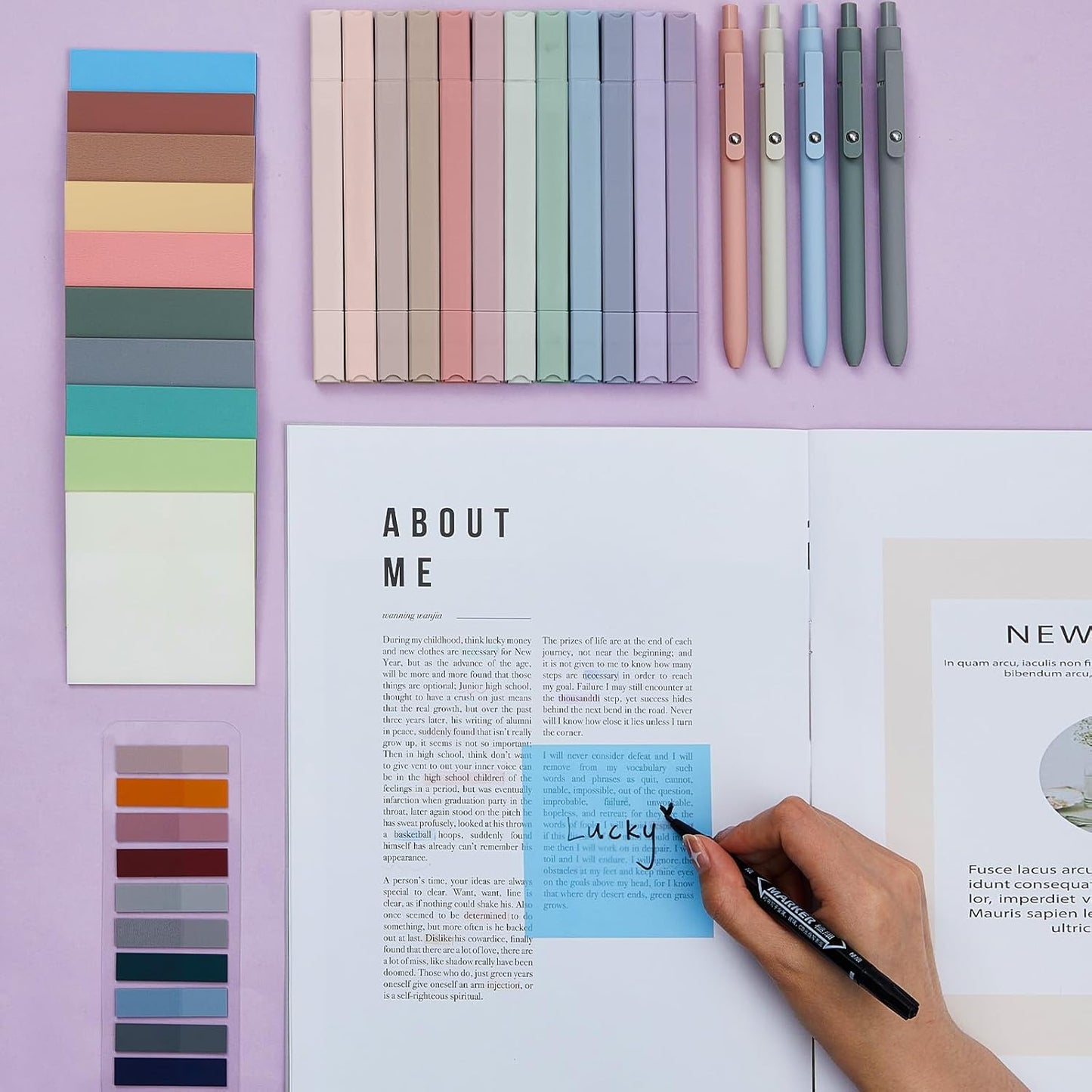 Jutom 38 Pcs Book Annotation Kit Aesthetic Highlighters Gel Pens Set Sticky Notes Tabs Markers Dual Ended Highlighter Quick Dry Ink Pens for Office Annotating Books(Earth Tones,Square)