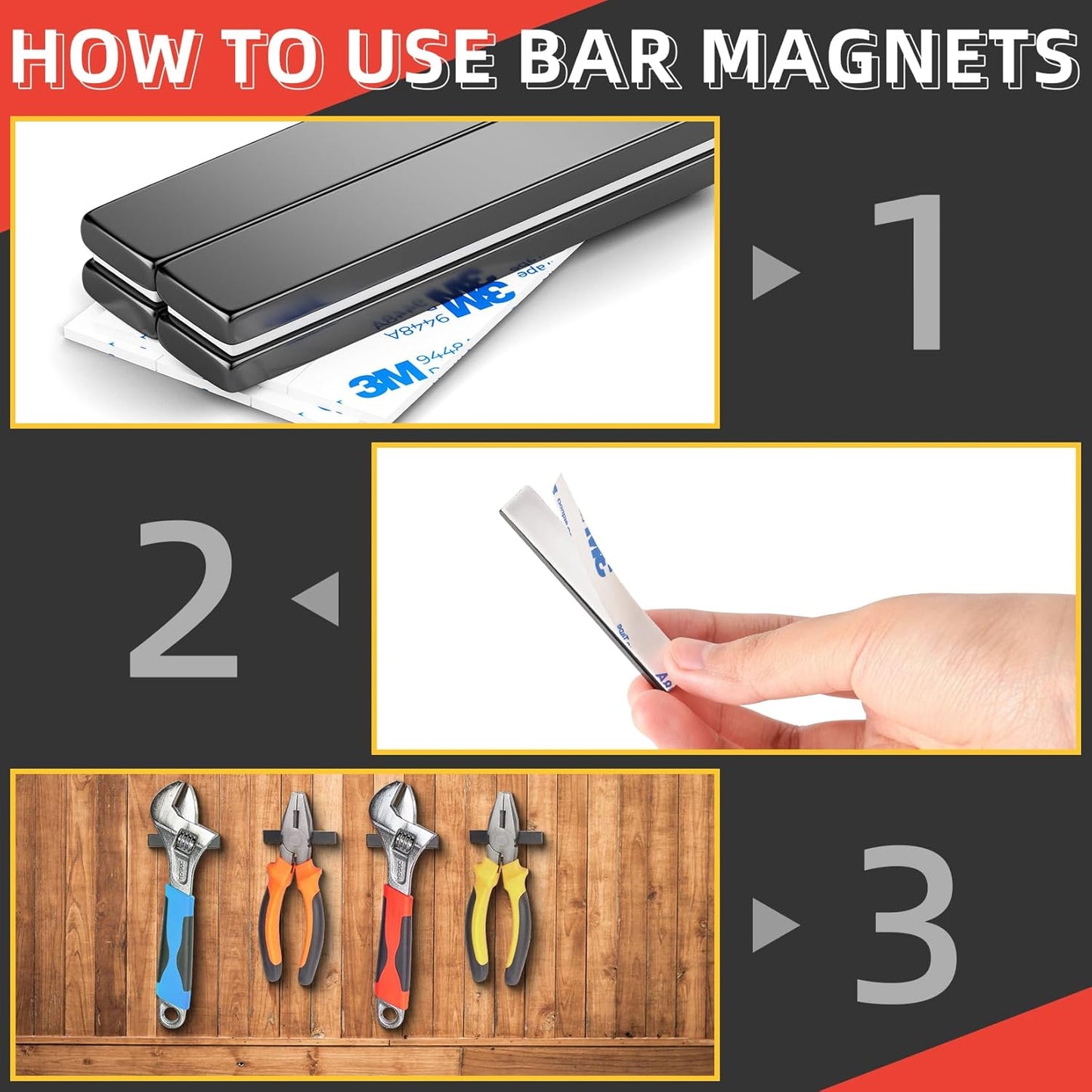 Grtard 20 Pack Bar Magnets, 60x10x3mm Permanent Rare Earth Magnets Bar, Powerful Magnets Heavy Duty Magnet Strips with Double-Sided Adhesive for Garage, Kitchen, Science, Whiteboard