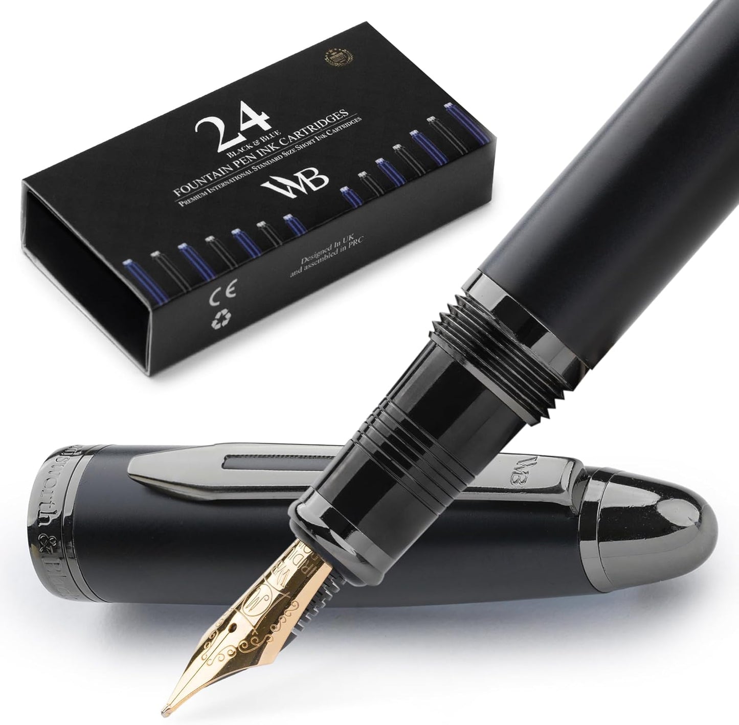 Wordsworth & Black Majesti Fountain Pen-(Black), Luxury Case, 24K Gold Finish; 18K Gilded Medium Nib- Ink Cartridges, Refillable Ink Converter-Calligraphy Pen-Best Business Gift Set for Men & Women