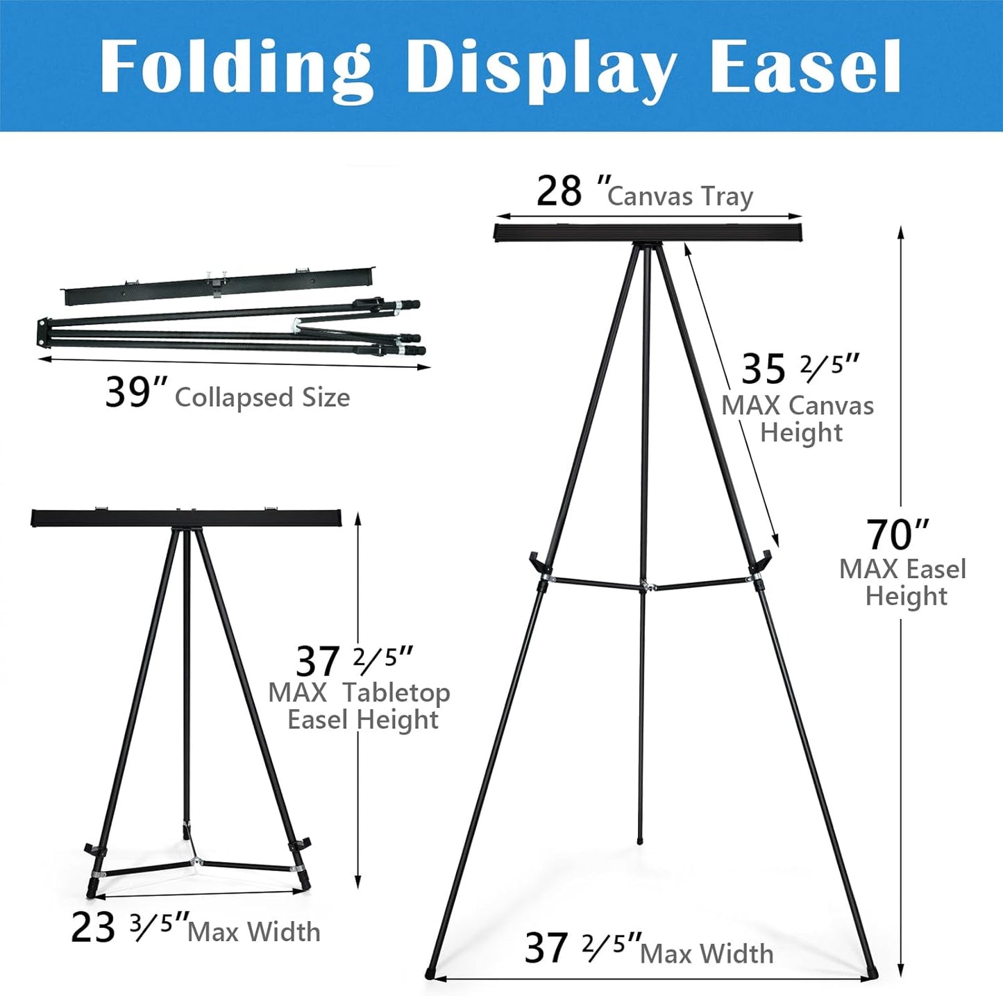 Falling in Art Extra Large 70" High Flip Chart Tripod Display Easel, Black Heavy Duty Aluminum Presentation Stand, Showroom Display Stand for Signs, Paintings, and Posters