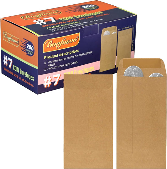 200 Pack #7 Kraft coin envelope 3.5 x 6.5 inches Kraft Envelopes Classic Small Parts Envelopes with Self Adhesive Gummed Flap for Coins Cash Credit Cards Seeds