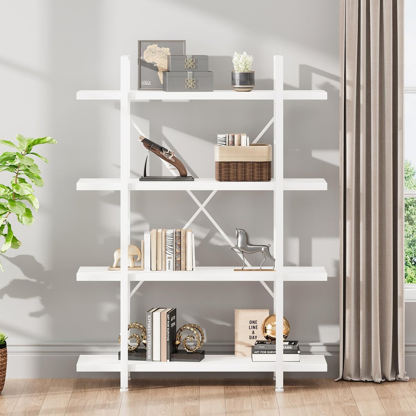 HSH 4 Tier White Bookshelf, Modern 4 Shelf Etagere Bookcase, Industrial Wood and Metal Storage Shelves and Display Book Rack, Farmhouse Open Wide Book Shelf for Bedroom Living Room Office, White Oak