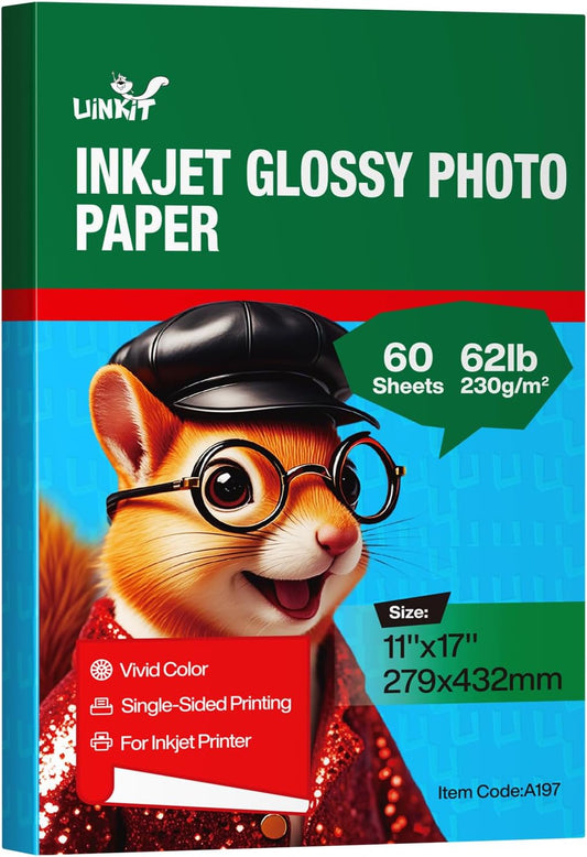 Uinkit 11 x 17 Thick Photo Paper Glossy 11x17 60Sheets 62lb Inkjet Heavyweight 230gsm Gallery show Brochure Pictures Funeral Bulletin Obituary Papers Obituaries Gloss Papers