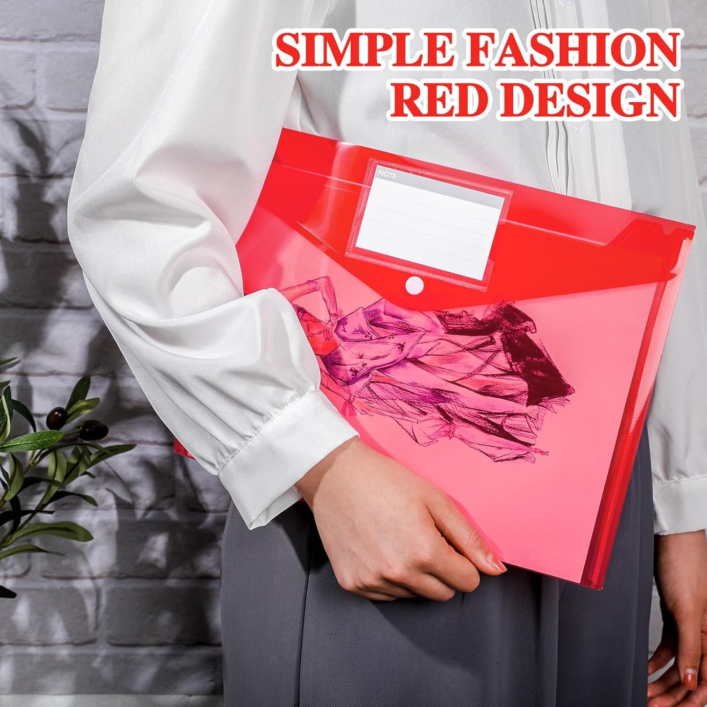 Lincia 24 Pcs Plastic Envelopes A4 Size Poly Envelopes File Folders Work Document Holder Office Paper Plastic File Organizer with Label Pocket Snap Button Home File Bag for School (Clear Red)