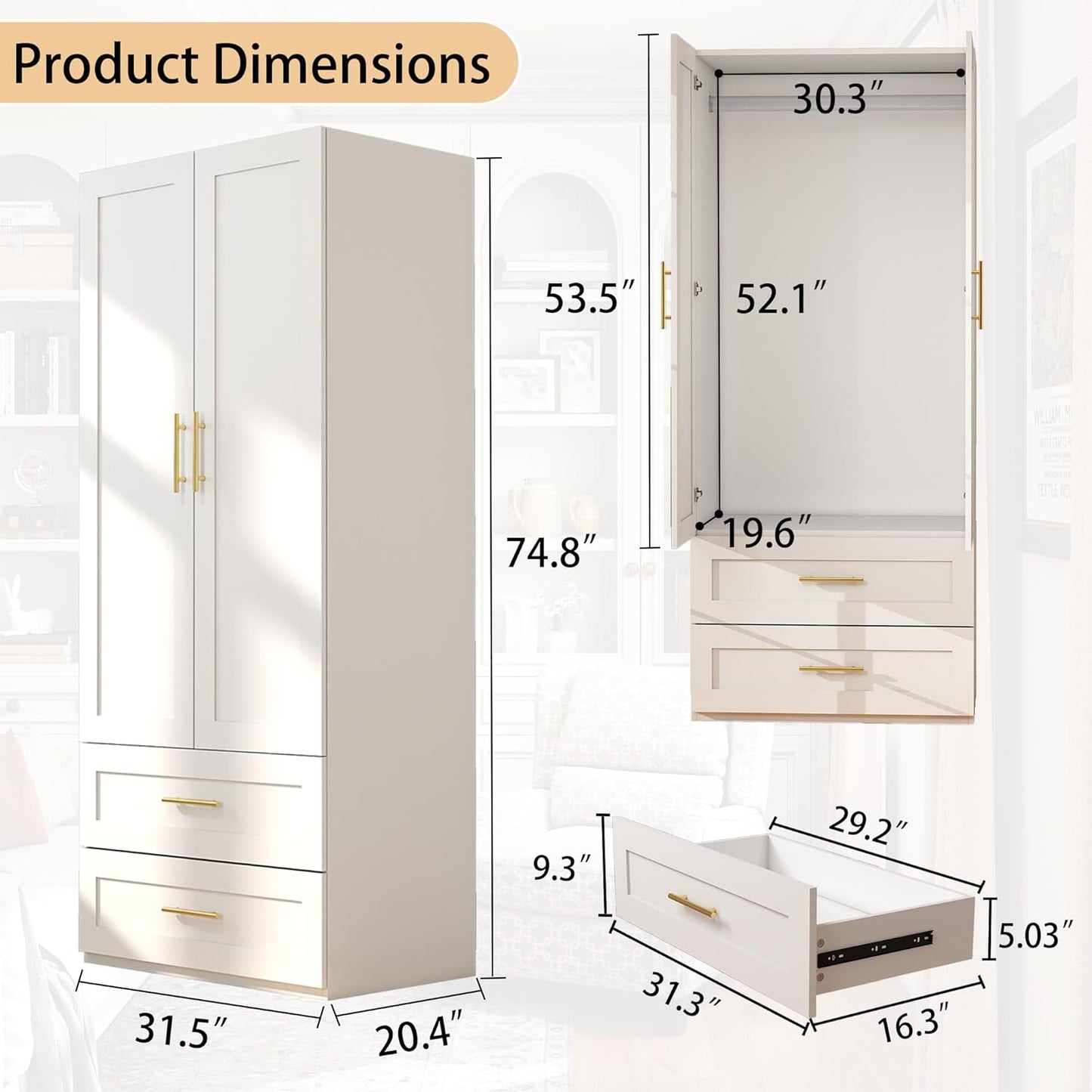 White Wardrobe with 2 Doors: 75" Tall Armoire Wardrobe Closet with 2 Drawers, Bedroom Closet Cabinet for Hanging Clothes, Wooden Storage Armoire with Shelves (Contemporary, 1)