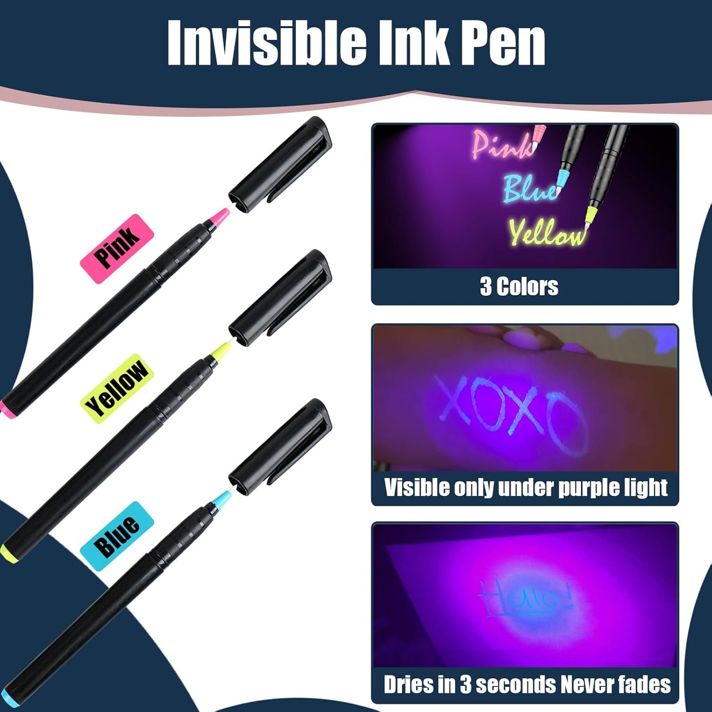 Invisible Ink Pens with UV Light, Magic Spy Pens with Mini UV LED Keychain Flashlights for Secret Messages, Disappearing Ink Pens with Black Light for Kids, Ideal (3PCS)
